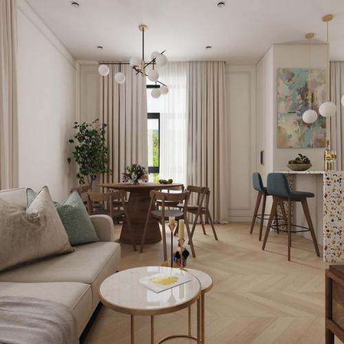 Гостиная. Интерьер выполнен в стиле современной классики с декоративными элементами в виде абстрактных экспозиций. 01