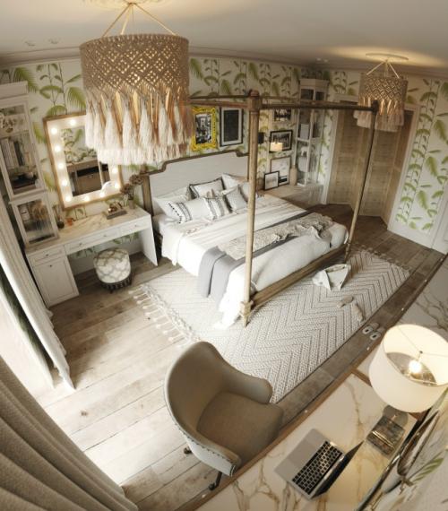 Юная хозяйка этой спальни мечтала о пальмах, потертостях и минимализме средь пальм, а её папа - о классике. 01