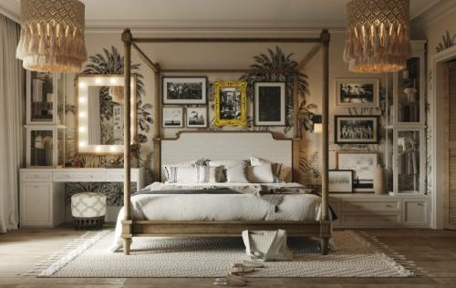 Юная хозяйка этой спальни мечтала о пальмах, потертостях и минимализме средь пальм, а её папа - о классике. 02