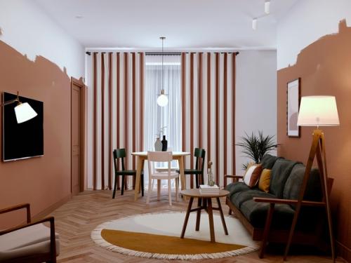 Проект интерьера квартиры с кухней - гостиной и небольшой спальней с этническими мотивами, 52 м 2. 01