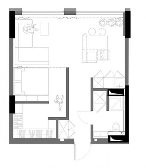 Темный минималистичный интерьер квартиры 40 кв. 09