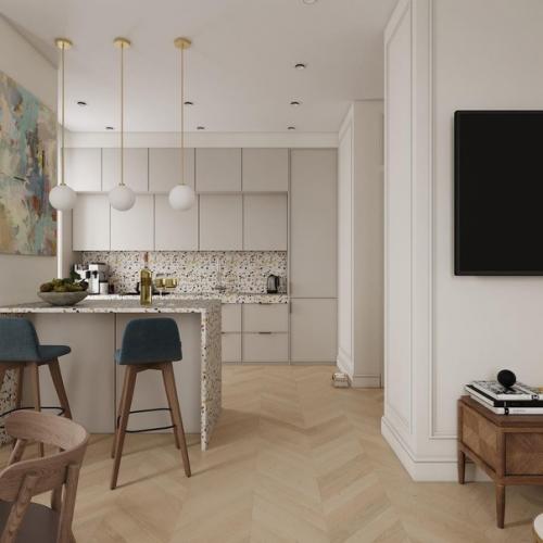 Гостиная. Интерьер выполнен в стиле современной классики с декоративными элементами в виде абстрактных экспозиций. 03