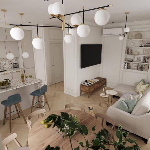 Гостиная. Интерьер выполнен в стиле современной классики с декоративными элементами в виде абстрактных экспозиций. 04