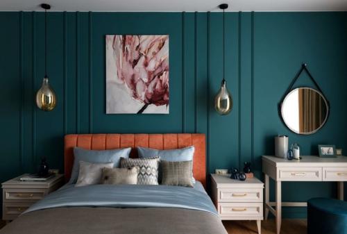 Светлая трешка с мятно - голубой кухней в нише. 05