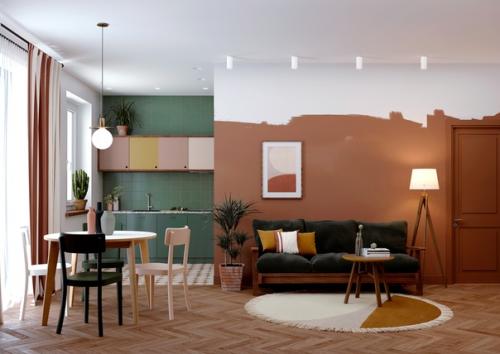 Проект интерьера квартиры с кухней - гостиной и небольшой спальней с этническими мотивами, 52 м 2.