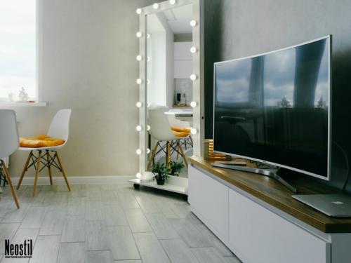 Гостиная. А точнее, зона тв для кухни - гостиной все в той же квартире, где весь интерьер создан вокруг сочетания белый + дерево. 06