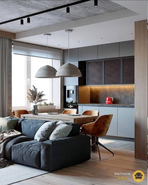 Дизайн квартиры.  Насыщенные цвета, чёрные акценты, мебель из натурального дерева и много другое сочетали в данном интерьере. 01