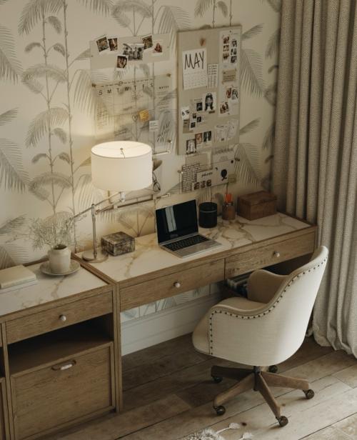 Юная хозяйка этой спальни мечтала о пальмах, потертостях и минимализме средь пальм, а её папа - о классике. 03