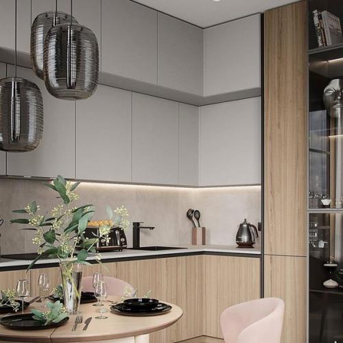 Интерьер кухни - гостиной площадью 20 м 2 с интересными цветовыми акцентами. 02