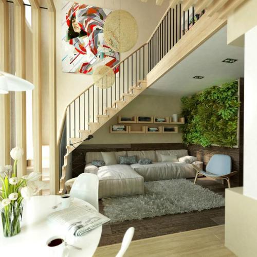 Эта двухуровневая квартира примечательна не только стильным и уютным дизайном, но и оригинальным способом озеленения.  