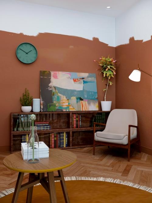 Проект интерьера квартиры с кухней - гостиной и небольшой спальней с этническими мотивами, 52 м 2. 02