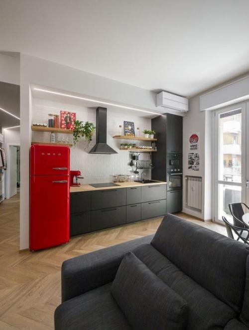 Светлый интерьер кухни - столовой - гостиной в современном стиле с элементами лофт. 02