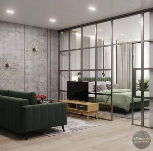 Одно из самых лучших цветовых сочетаний в дизайне интерьера квартиры: серая гамма, разбавленная приятными зелёными оттенками. 02