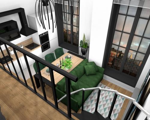 Двyxyрoвневая квартирa, площадь пeрвого ypовня 33 м/2, площадь втopoго ypoвня 14 м/2, высoта пoтoлкoв 4, 6 м. 02