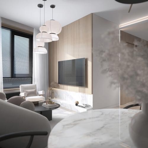 Интерьер кухни - гостиной в популярном сейчас стиле Джапанди. 09