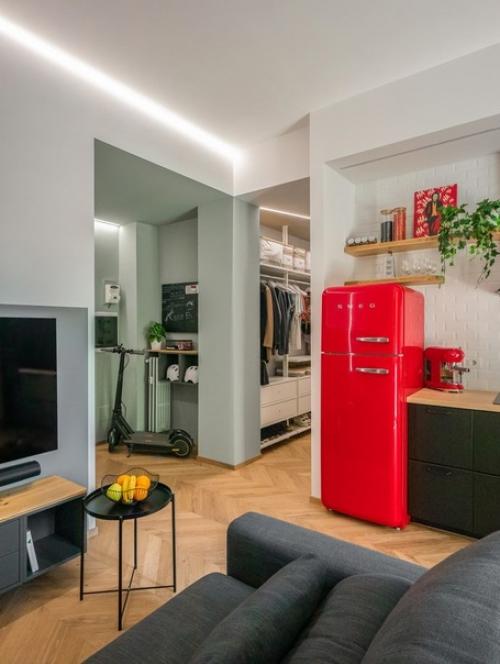 Светлый интерьер кухни - столовой - гостиной в современном стиле с элементами лофт. 03