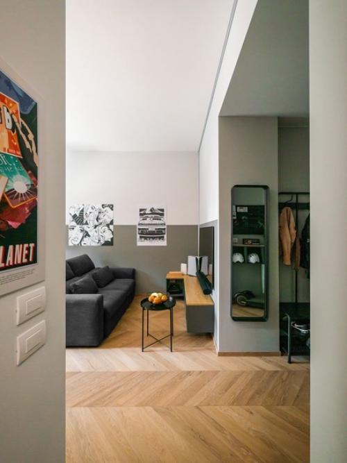 Светлый интерьер кухни - столовой - гостиной в современном стиле с элементами лофт. 09