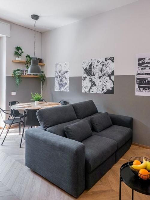 Светлый интерьер кухни - столовой - гостиной в современном стиле с элементами лофт. 06