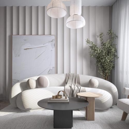 Интерьер кухни - гостиной в популярном сейчас стиле Джапанди. 01