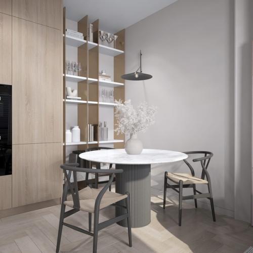 Интерьер кухни - гостиной в популярном сейчас стиле Джапанди. 08