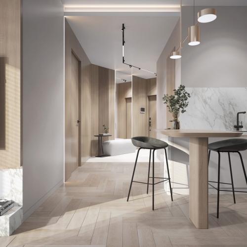 Интерьер кухни - гостиной в популярном сейчас стиле Джапанди. 07