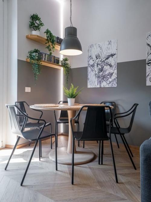 Светлый интерьер кухни - столовой - гостиной в современном стиле с элементами лофт. 07