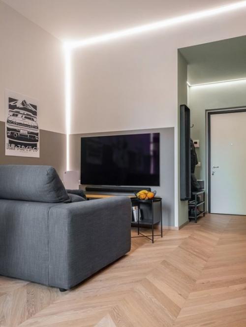 Светлый интерьер кухни - столовой - гостиной в современном стиле с элементами лофт. 04