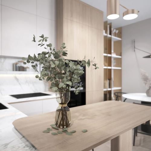 Интерьер кухни - гостиной в популярном сейчас стиле Джапанди. 05