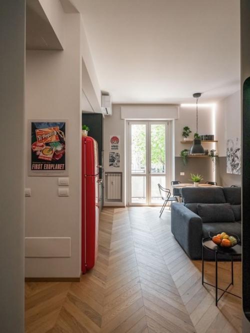 Светлый интерьер кухни - столовой - гостиной в современном стиле с элементами лофт. 08