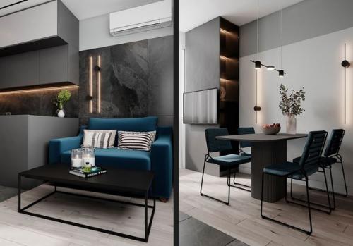 Современный, минималистичный интерьер небольшой кухни - гостиной. 02