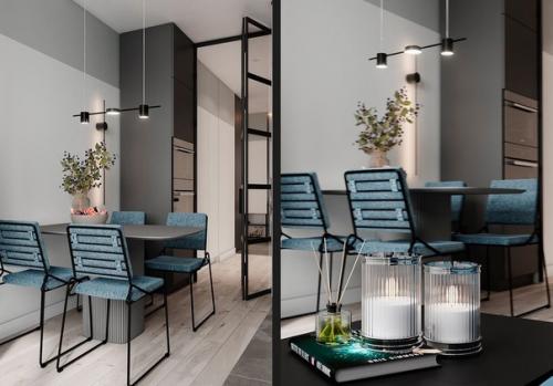 Современный, минималистичный интерьер небольшой кухни - гостиной. 03