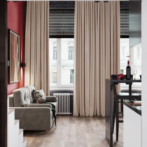 Современный, контрастный интерьер двухуровневой квартиры - студии площадью всего 21 кв. 06