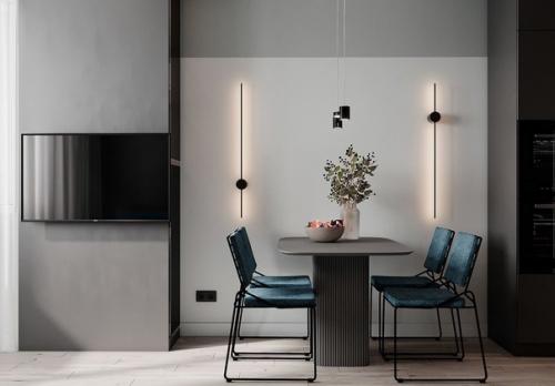 Современный, минималистичный интерьер небольшой кухни - гостиной. 01