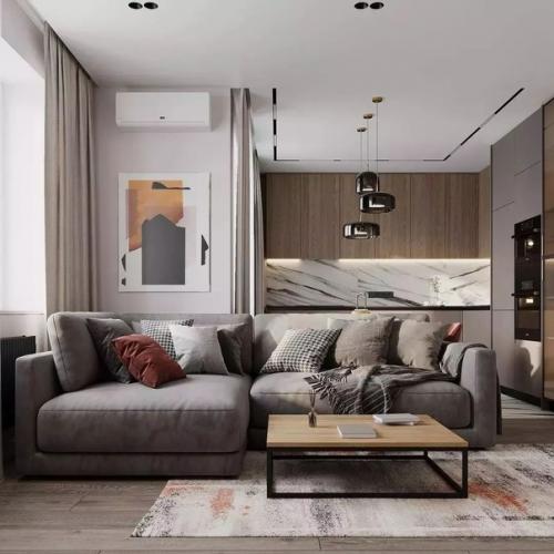 Создание интерьера в тёплых светлых оттенках - это то что нужно для современной кухни - гостиной в современном стиле. 04