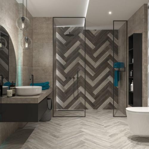 Плитка под дерево уложенная в елочку в ванной комнате. 04