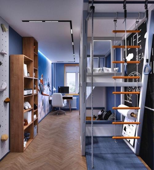 Детская кровать - чердак Эльзас со светодиодной RGB - подсветкой в ярком и смелом интерьере для мальчика. 01