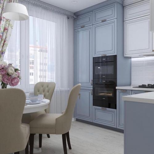 Угловая кухня с круглым обеденным столом. 01