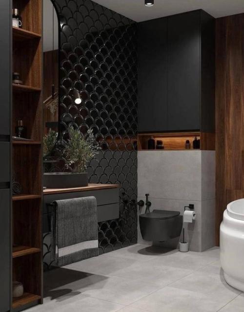 Темные цвета редко в дизайне интерьера ванной комнаты встречаются. 02
