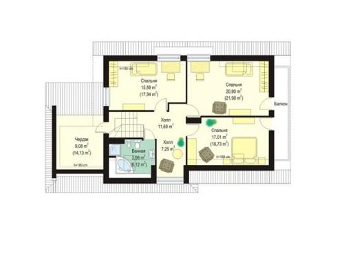 Элегантный коттедж.  Проект дома с камином в гостиной. 03