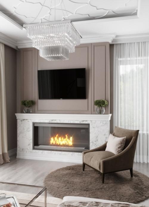 Современная кухня и гостиная с камином в доме 150 кв. 04