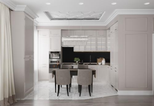 Современная кухня и гостиная с камином в доме 150 кв.