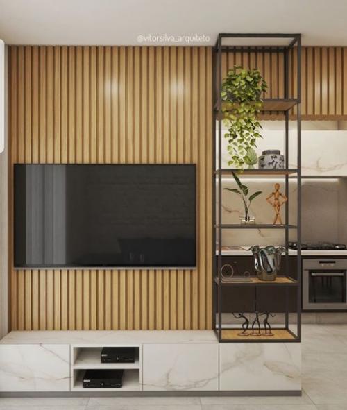 Современный интерьер кухни - гостиной с перегородкой, разделяющей две функциональные зоны. 01