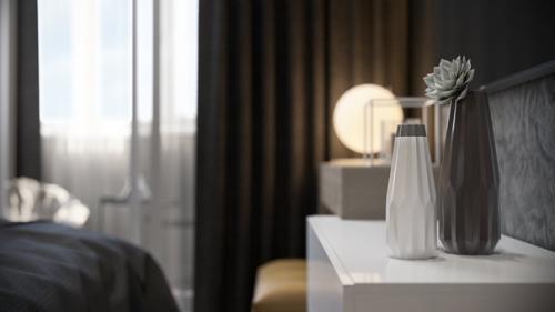 Спальня в темном сером цвете в желтыми акцентами. 01