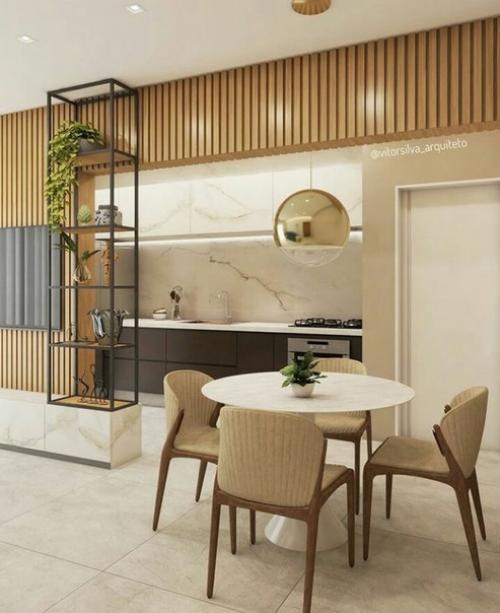 Современный интерьер кухни - гостиной с перегородкой, разделяющей две функциональные зоны. 03