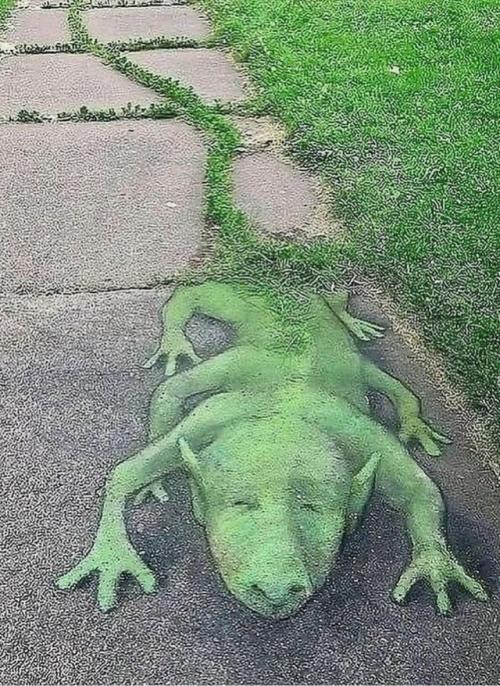 Трещины на тротуарах превращаются в целые миры художника.

