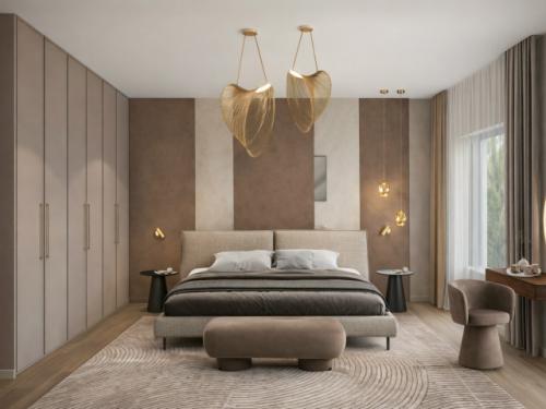 Спальня из проекта частного дома - личное пространство заказчиков, в котором важны не только эстетика, но и ощущение уюта и тишины.
