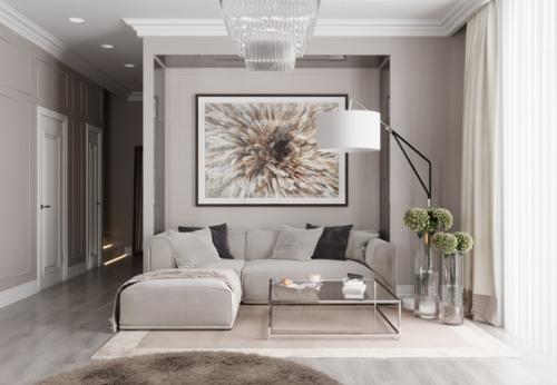 Современная кухня и гостиная с камином в доме 150 кв. 03