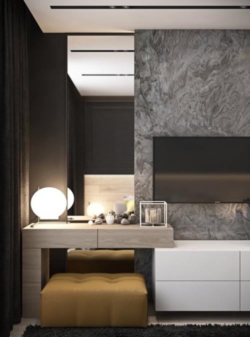 Спальня в темном сером цвете в желтыми акцентами. 02