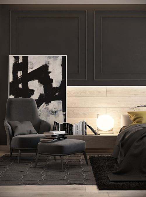 Спальня в темном сером цвете в желтыми акцентами. 04