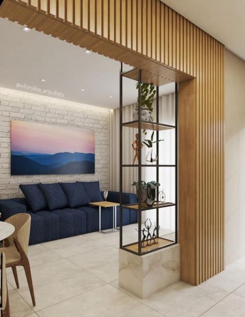 Современный интерьер кухни - гостиной с перегородкой, разделяющей две функциональные зоны. 02